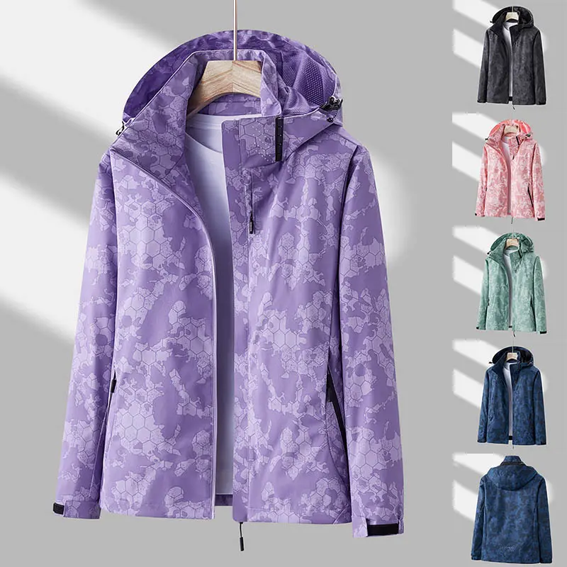 Printed Hooded Windbreaker Unisex Fashion Solid Color Zip-up Jacket