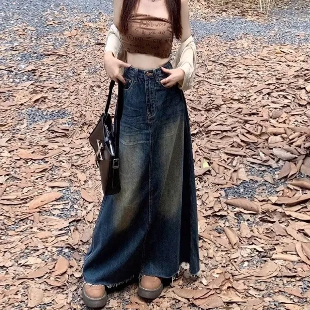 Worn Looking Washed out Denim Skirt Retro Straight A Line Design Retro Nostalgic L - Shop at LoveMi