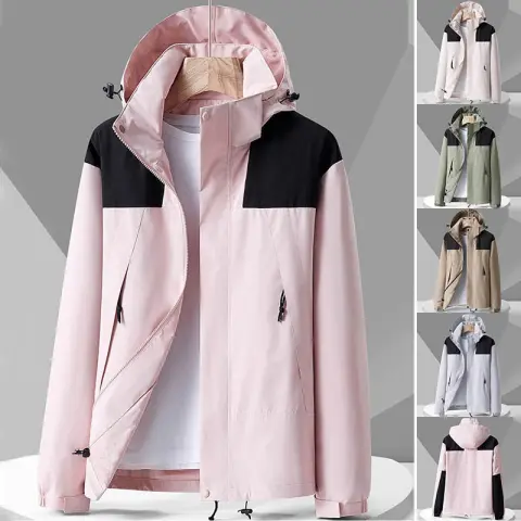 Hooded Windbreaker Unisex Fashion Colorblock Zip-up Jacket with Pockets
