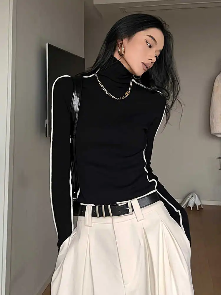 Women's Contrast Color Turtleneck Sweater Inner Bottoming Sweater - Black