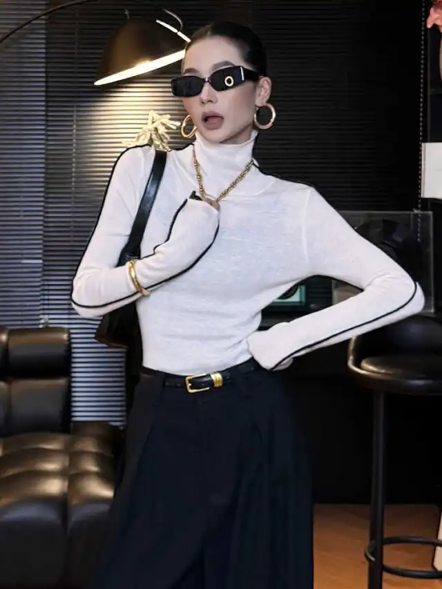 Women's Contrast Color Turtleneck Sweater Inner Bottoming Sweater White - Shop at LoveMi