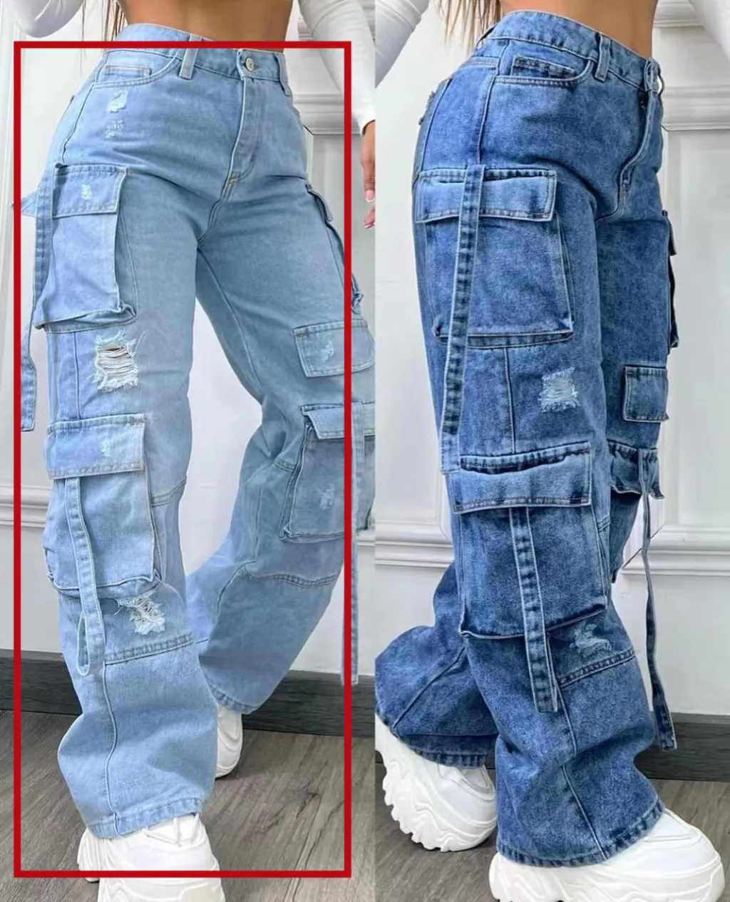 New Fashionable Solid Color All-matching Plus Size High Waist Trousers - Light Blue