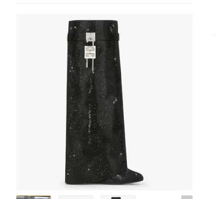 Round Toe Wedge Super High Heel Plus Rhinestone Lock Shark Buckle Knee high Boots Black - Shop at LoveMi
