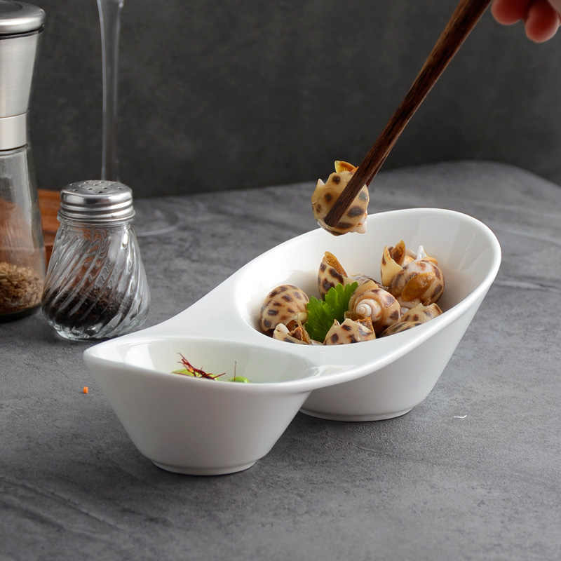 Pure White Ceramic Two-grid Dish Hot Pot Bowl