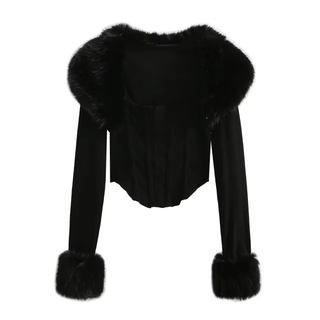Autumn Long sleeved Fur Collar Top For Women Black Cardigan And Camisole - Shop at LoveMi