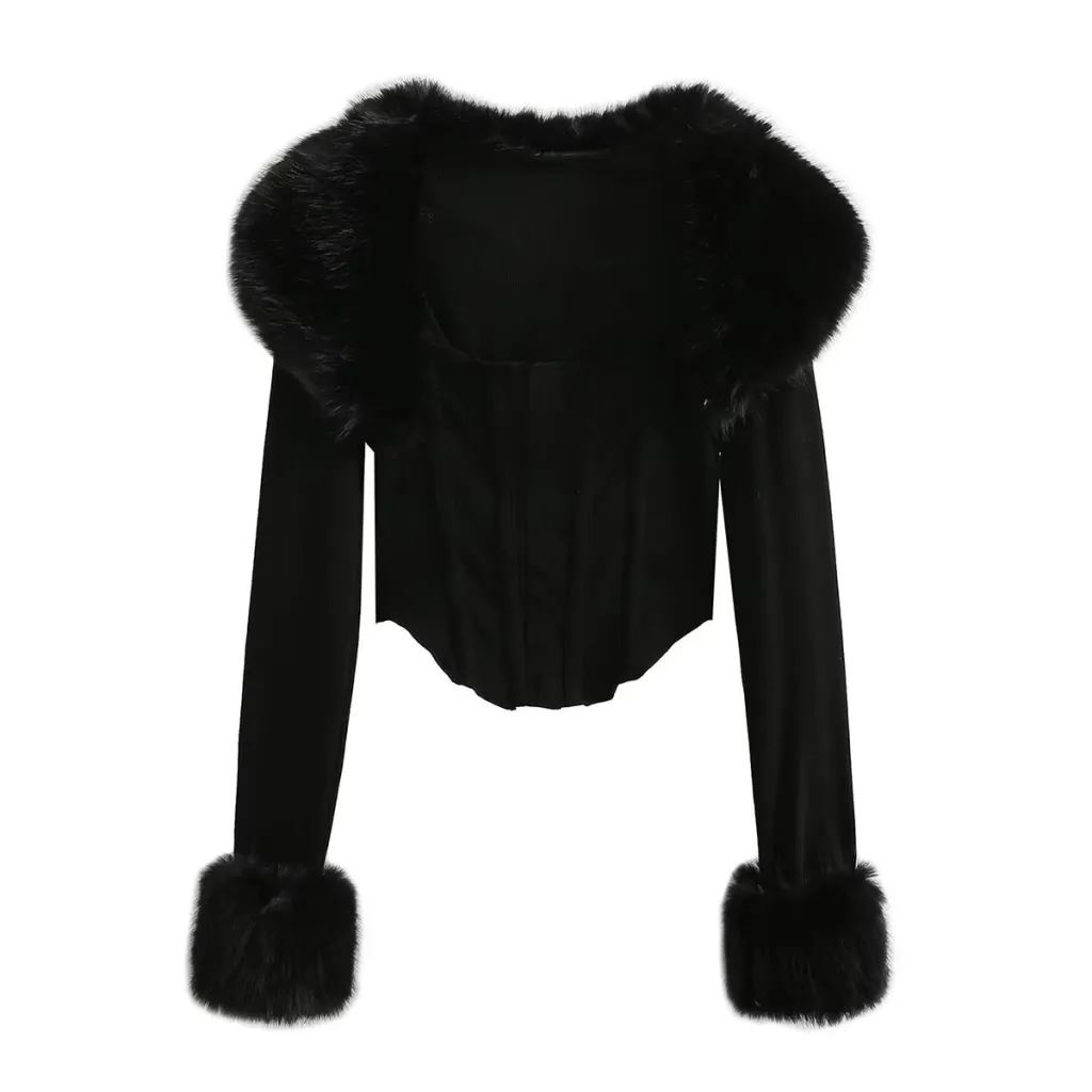 Autumn Long-sleeved Fur Collar Top For Women - Black Cardigan And Camisole