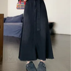 Washed Denim Long Skirts Tall Skirt - Black - View 1