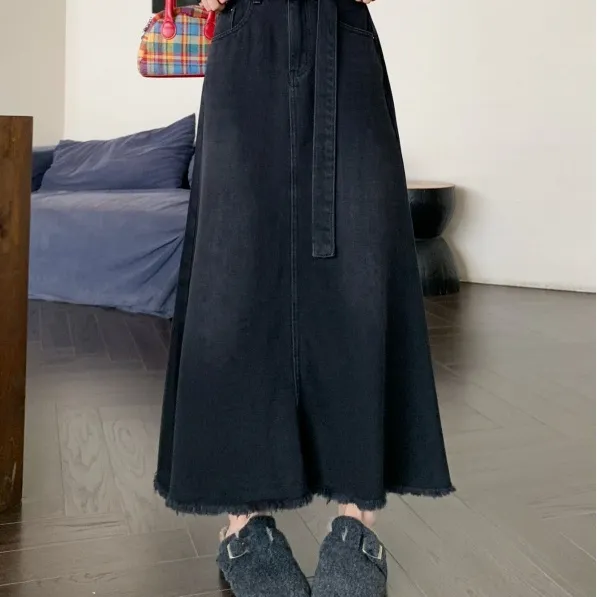 Washed Denim Long Skirts Tall Skirt Black - Shop at LoveMi