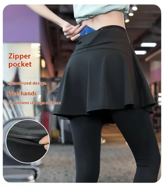 Fake Two piece Sport Pants Ankle tied Fitness Pantskirt Black With Pocket - Shop at LoveMi