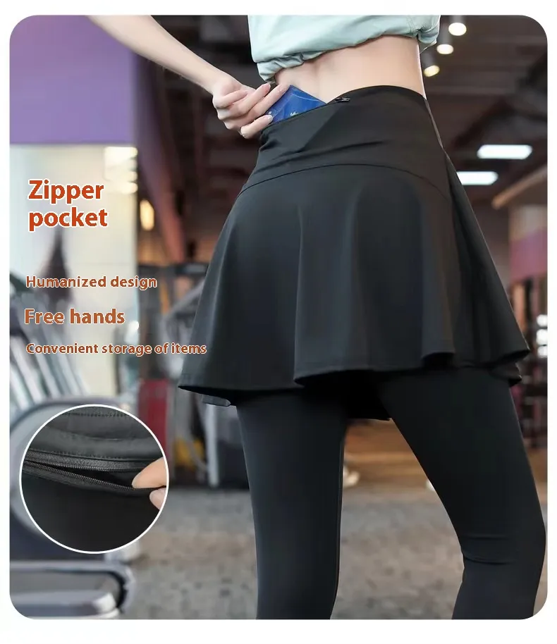 Fake Two-piece Sport Pants Ankle-tied Fitness Pantskirt - Black With Pocket