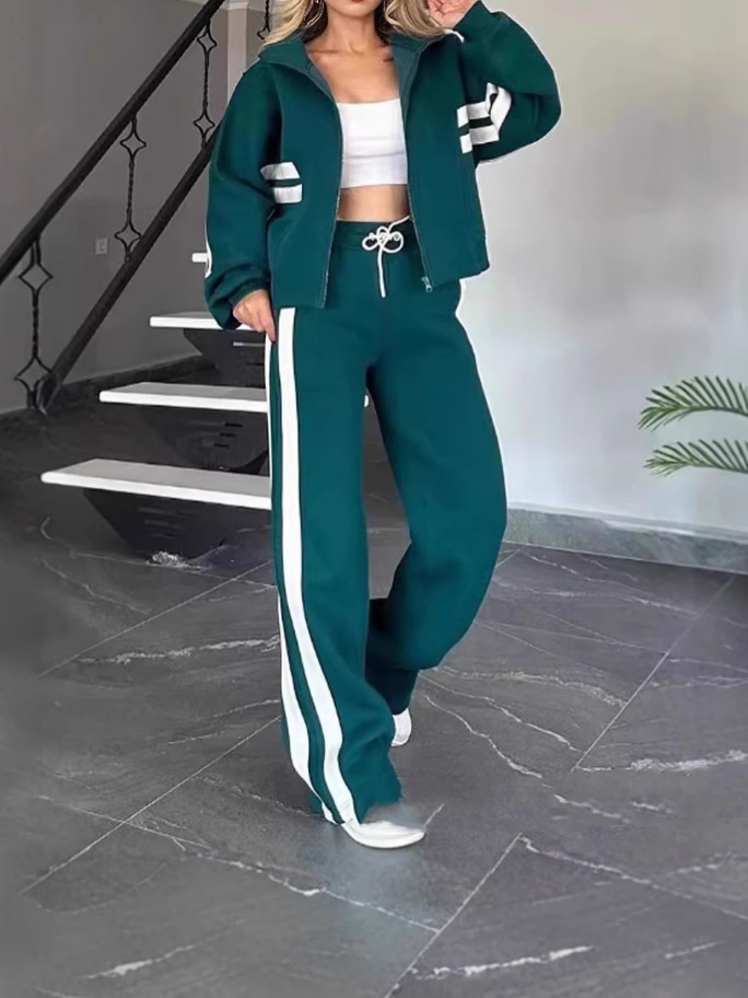 Autumn Striped Zipper Top Casual Sports Suit