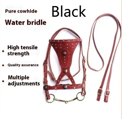 Horse Halter Pure Cowhide Equipment Dragon Cover Metal Buckle Elegant Horse Halter Reins Black - Shop at LoveMi