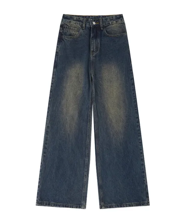 Retro Trendy Distressed Straight Wide Leg Versatile Loose Men's And Women's Denim Trousers Dark Blue - Shop at LoveMi
