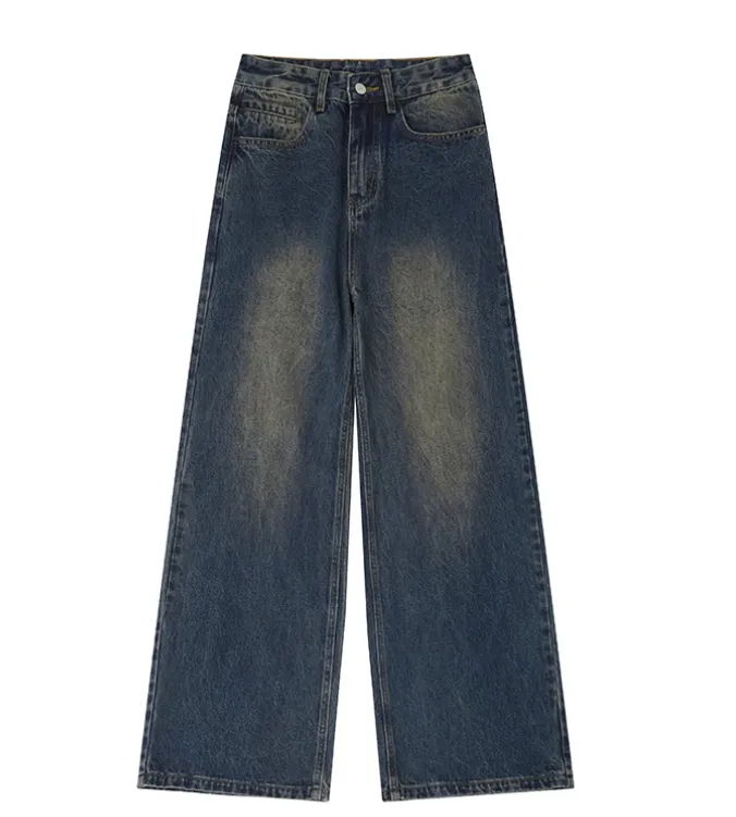 Retro Trendy Distressed Straight Wide Leg Versatile Loose Men's And Women's Denim Trousers - Dark Blue