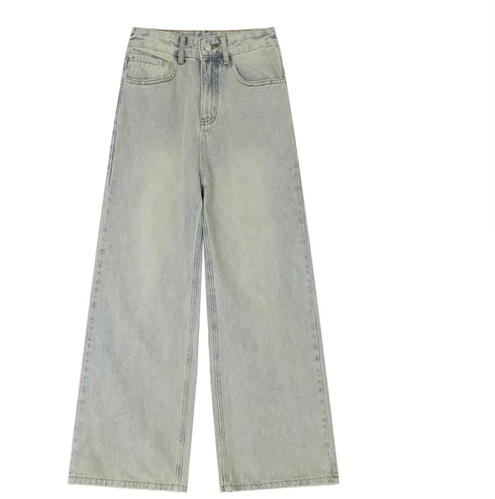 Retro Trendy Distressed Straight Wide Leg Versatile Loose Men's And Women's Denim Trousers - Yellow