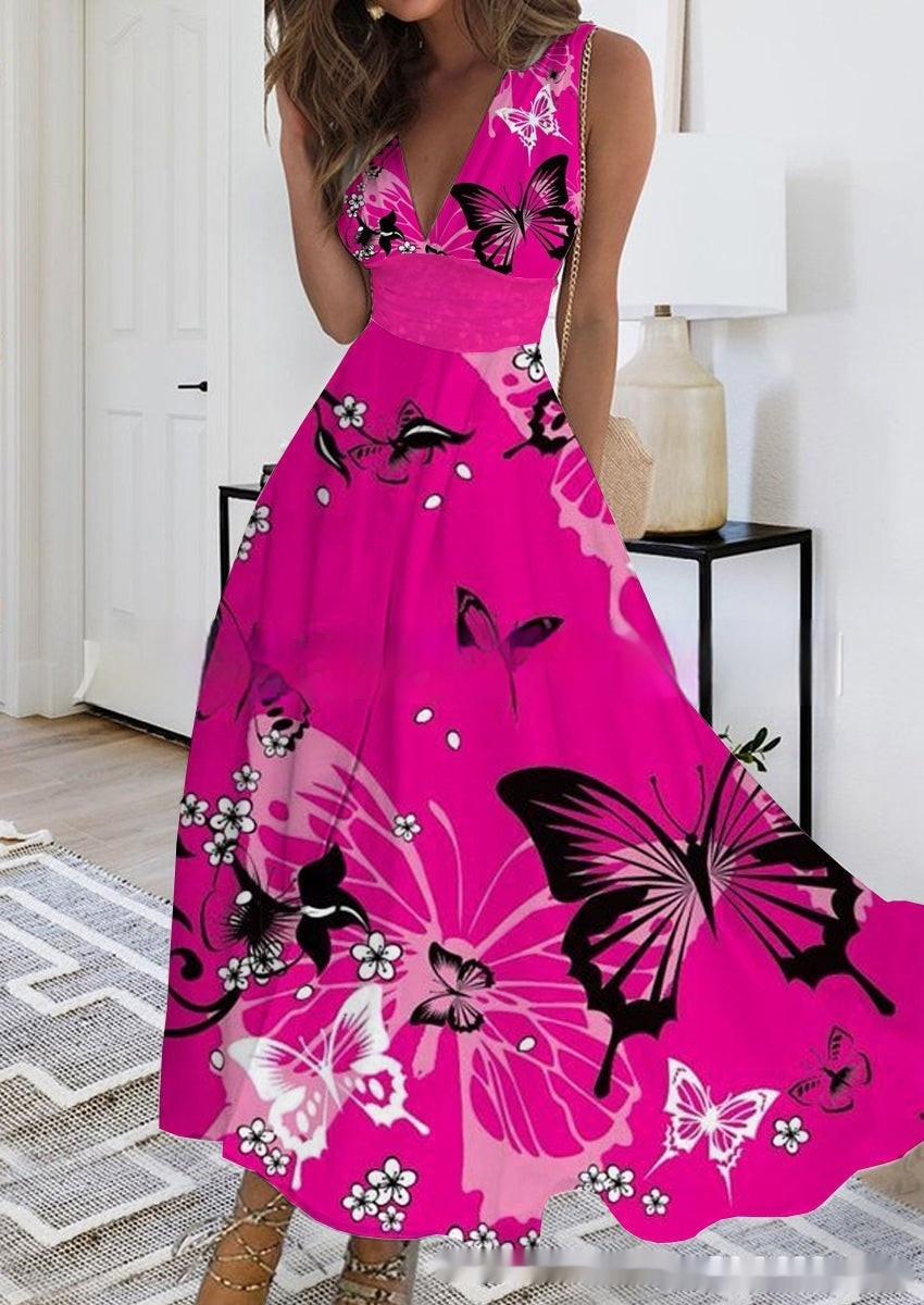 Spring And Summer V-neck Sleeveless Waist-controlled Large Hem Sexy Dress