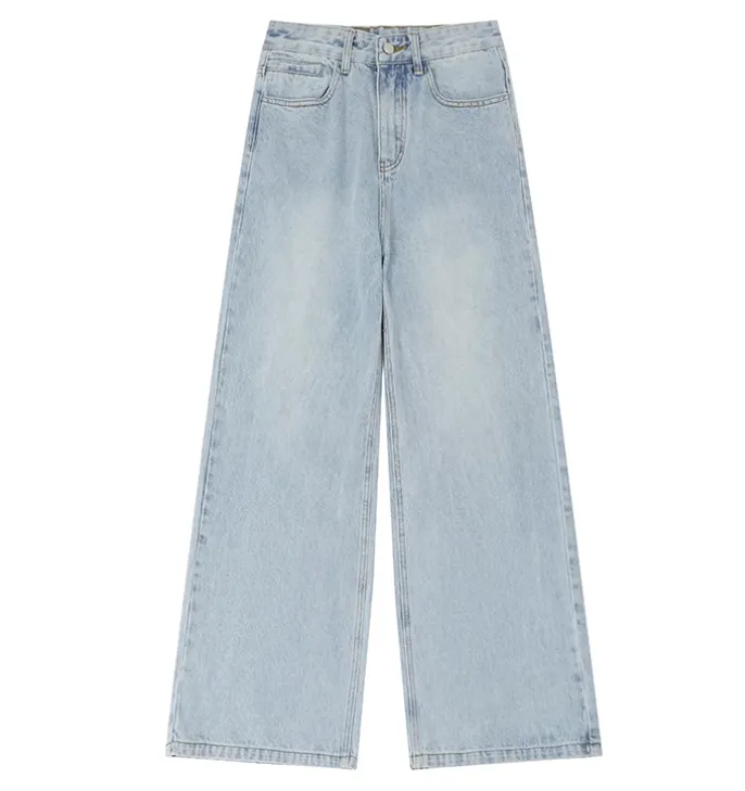 Retro Trendy Distressed Straight Wide Leg Versatile Loose Men's And Women's Denim Trousers - Blue