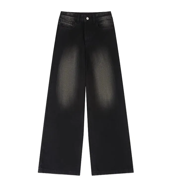Retro Trendy Distressed Straight Wide Leg Versatile Loose Men's And Women's Denim Trousers - Black