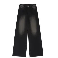 Retro Trendy Distressed Straight Wide Leg Versatile Loose Men's And Women's Denim Trousers - Black - View 1