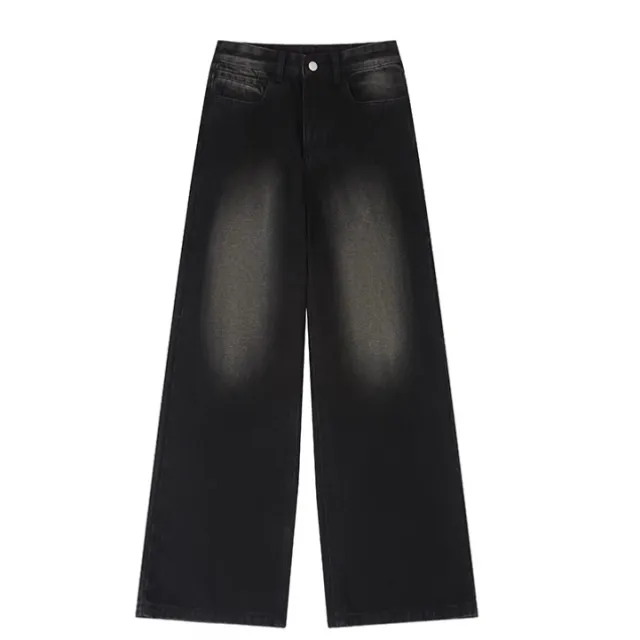 Retro Trendy Distressed Straight Wide Leg Versatile Loose Men's And Women's Denim Trousers Black - Shop at LoveMi