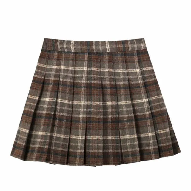 Anti exposure Lined Bottoming Woolen Skirt Pleated Plaid Skirt Coffee - Shop at LoveMi