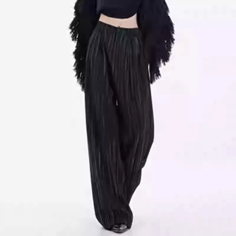 Stripe Thickening Casual Pants Pleated Mop Wide Leg Pants - Black
