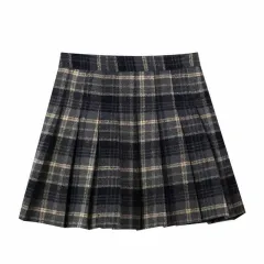 Anti-exposure Lined Bottoming Woolen Skirt Pleated Plaid Skirt - Blue Gray - View 1