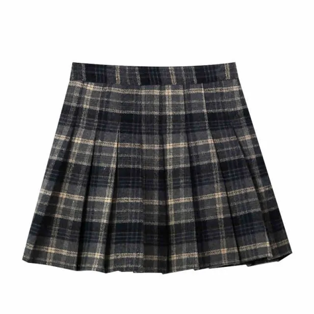 Anti exposure Lined Bottoming Woolen Skirt Pleated Plaid Skirt Blue Gray - Shop at LoveMi