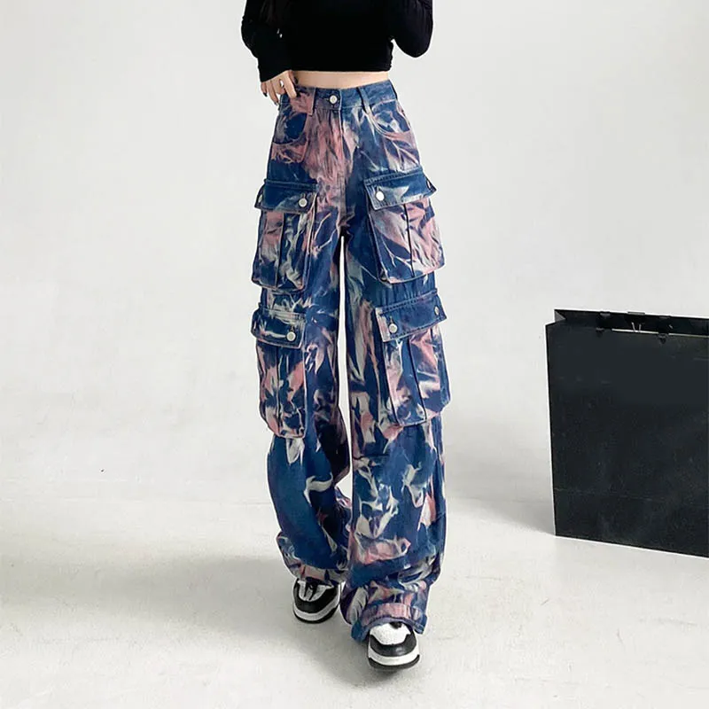 New Tie-dye Cargo Trousers With Pockets Y2K Fashion High Waist Loose Wide Leg Pants Spring And Autumn - Pink Camouflage