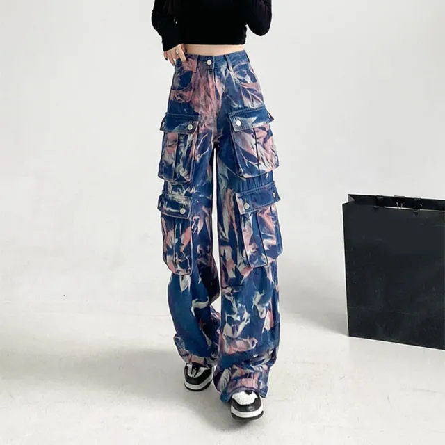 New Tie dye Cargo Trousers With Pockets Y2K Fashion High Waist Loose Wide Leg Pants Spring And Autumn Pink Camouflage - Shop at LoveMi