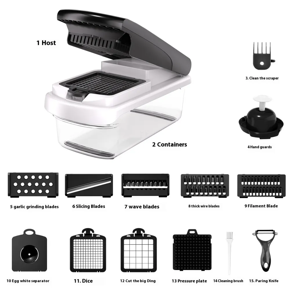 Household Multi-function Vegetable Chopper Kitchen 15-in-one - Black Cover 15 Pieces