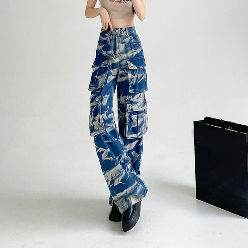 New Tie dye Cargo Trousers With Pockets Y2K Fashion High Waist Loose Wide Leg Pants Spring And Autumn Blue Camouflage - Shop at LoveMi