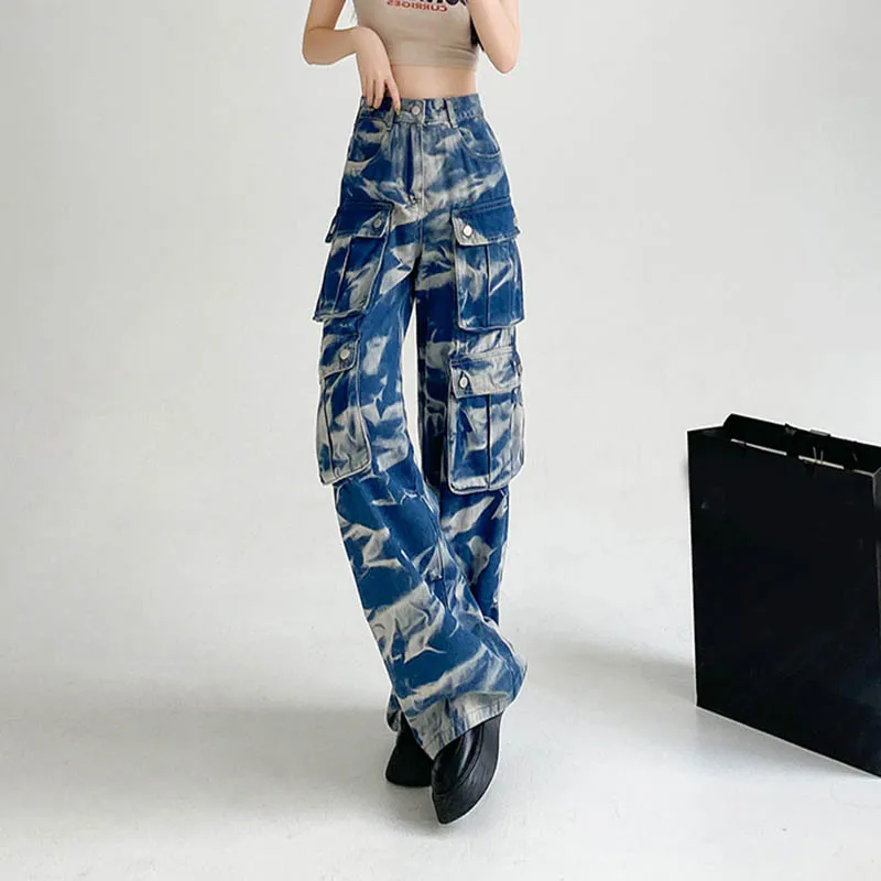 New Tie-dye Cargo Trousers With Pockets Y2K Fashion High Waist Loose Wide Leg Pants Spring And Autumn - Blue Camouflage