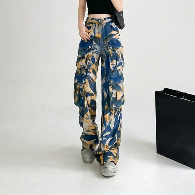 New Tie dye Cargo Trousers With Pockets Y2K Fashion High Waist Loose Wide Leg Pants Spring And Autumn Yellow Camo - Shop at LoveMi
