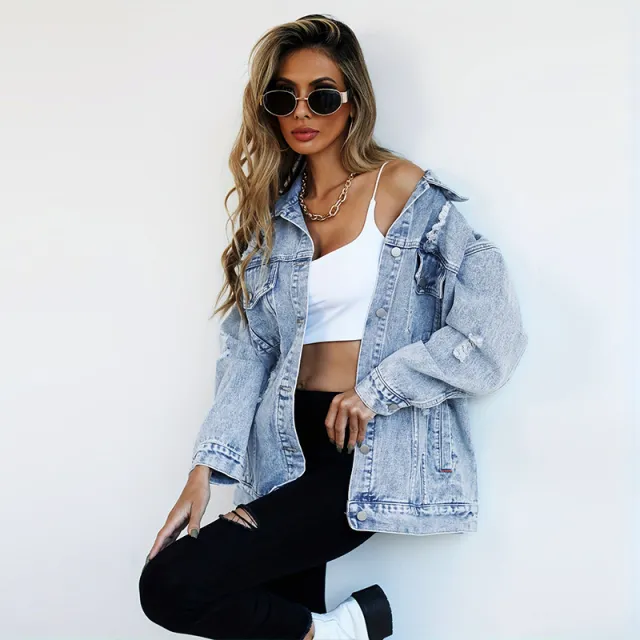 Fashion Denim Jacket Boyfriend style Ripped Distressed Light Blue - Shop at LoveMi
