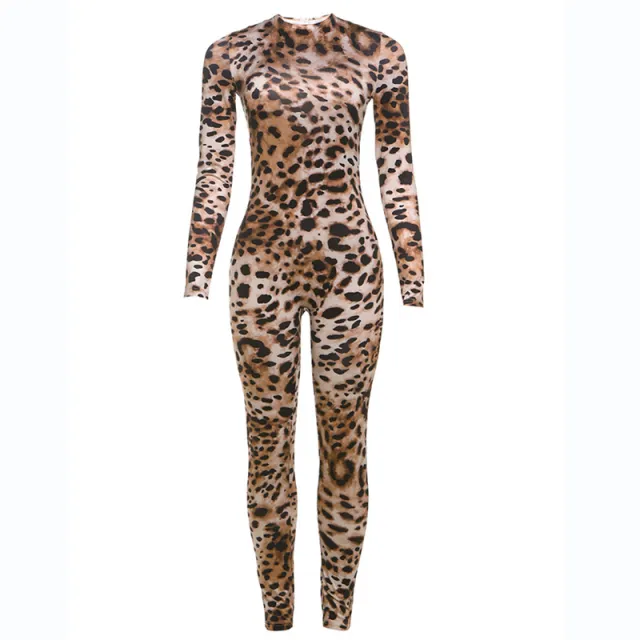 Round Neck Long Sleeve Contrast Color Animal Leopard Color Tight Jumpsuit Leopard - Shop at LoveMi