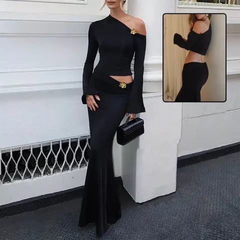 Sexy Slim Oblique Shoulder Skirt Suit with Flower Fashion