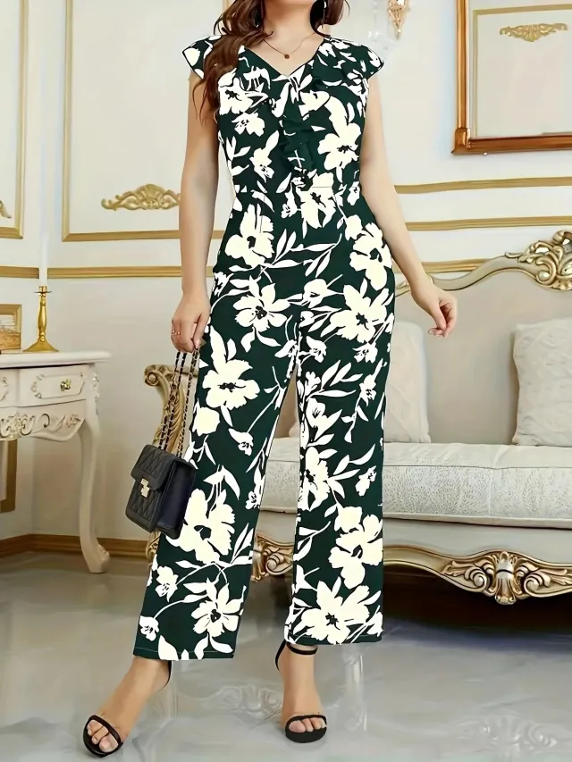 Fashion Floral Women's Printed Wear Sleeveless V neck Pocket Jumpsuit Green - Shop at LoveMi