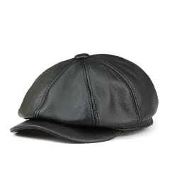 British Cowhide Octagonal Cap Female Peaked Cap Tide - Black - View 1