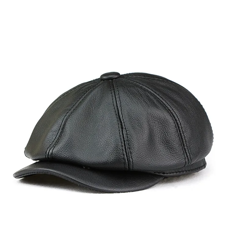 British Cowhide Octagonal Cap Female Peaked Cap Tide - Black
