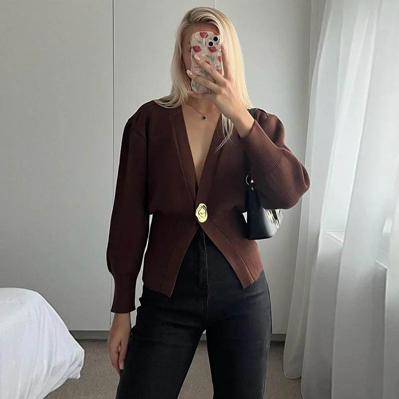 New V-neck Button Cardigan Fashion Knitted Sweater Top For Women Clothing - Picture 9 of 10