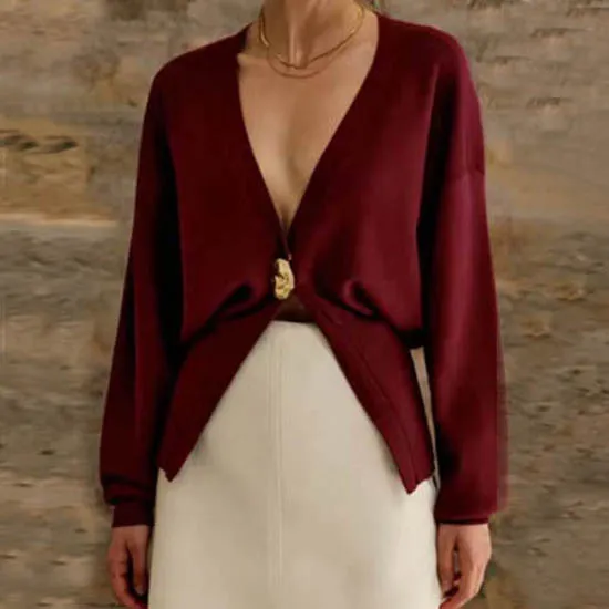 New V neck Button Cardigan Fashion Knitted Sweater Top For Women Clothing Wine Red - Shop at LoveMi