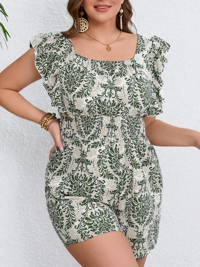 Plus Size Printed Sleeveless Smocking Fitted Waist Backless Vacation Style Jumpsuit Camel - Shop at LoveMi