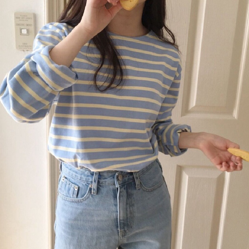 Korean Style Striped T-shirt Women's Long-sleeved Loose Inner Wear Bottoming Shirt Versatile Top