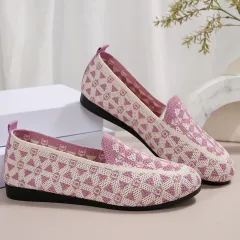 Printed Round Toe Flat Shoes Fashion Casual Hollow Breathable Knitted Shoes Loafers For Women - Purple - View 1