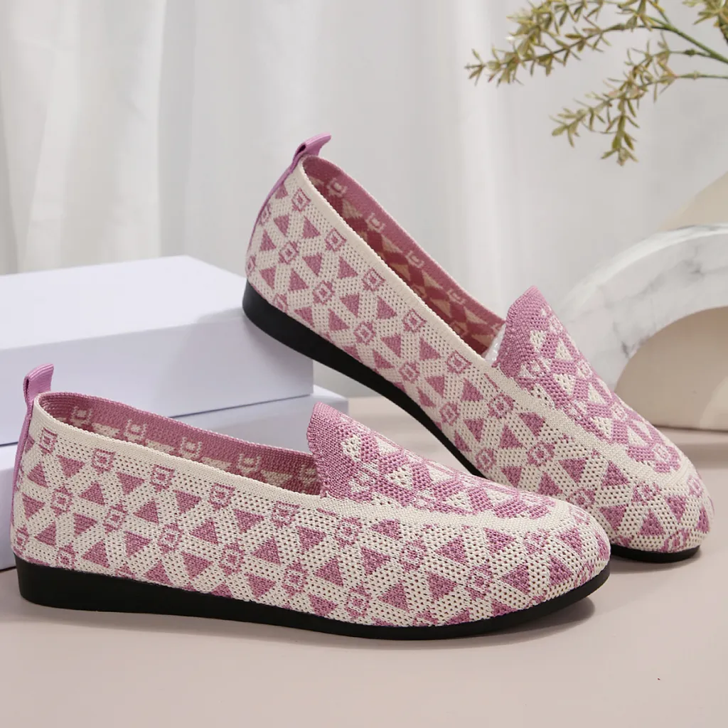 Printed Round Toe Flat Shoes Fashion Casual Hollow Breathable Knitted Shoes Loafers For Women - Purple