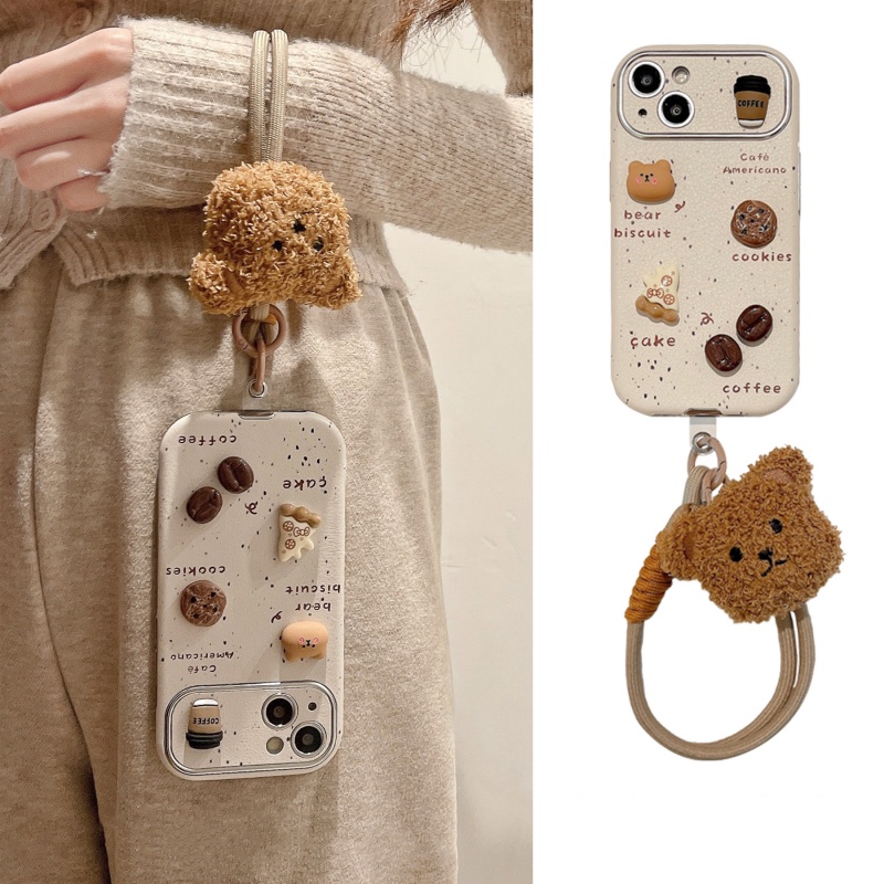 Cute Coffee & Cake iPhone Case with Teddy Bear Lanyard - Beige - Image 2
