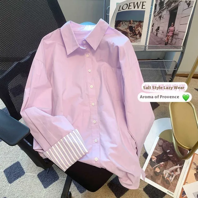 Purple Striped Polo Collar Shirt Women's Long sleeved Top Purple - Shop at LoveMi