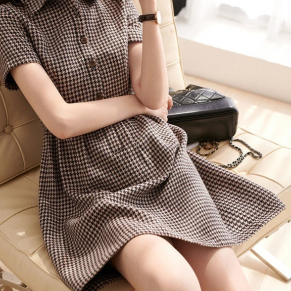 Elegant Lapel Half Breasted Houndstooth Short Sleeve Dress