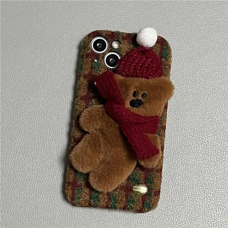 Autumn Winter Red Plush Plaid Hat Bear Drop-resistant Protection Mobile Phone Shell